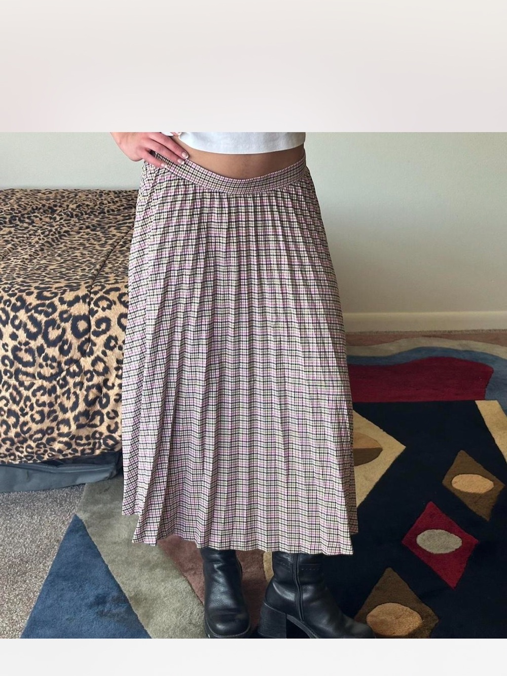 LOFT Pink Plaid Pleated Midi Skirt